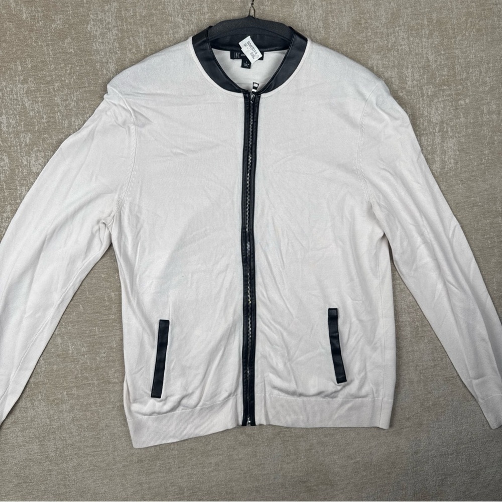 INC International Concepts Mens Cream Full Zip Non Leather Trim Sweater Large GR